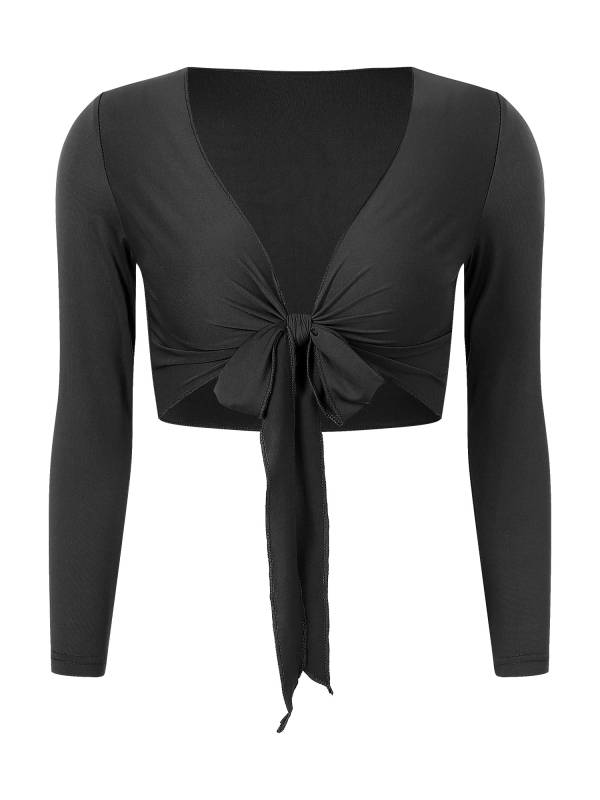 Women Yoga Ballet Dance Solid Self-Tie Long Sleeve Cropped Cardigan thumb