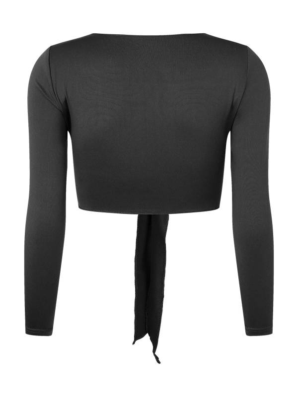 Women Yoga Ballet Dance Solid Self-Tie Long Sleeve Cropped Cardigan thumb