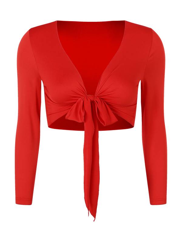 Women Yoga Ballet Dance Solid Self-Tie Long Sleeve Cropped Cardigan thumb