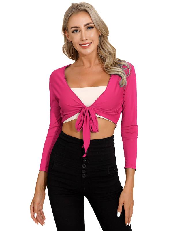 Women Yoga Ballet Dance Solid Self-Tie Long Sleeve Cropped Cardigan thumb