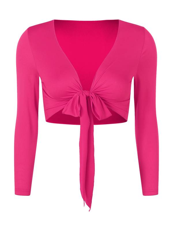 Women Yoga Ballet Dance Solid Self-Tie Long Sleeve Cropped Cardigan thumb
