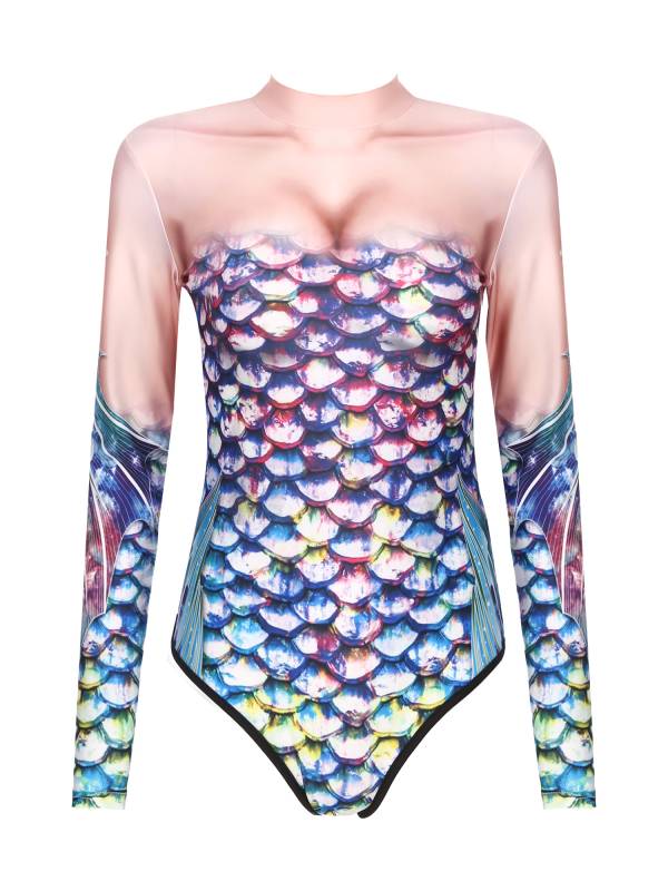 Women Long Sleeves 3D Print Mermaid Bodysuit One Piece Swimsuit thumb