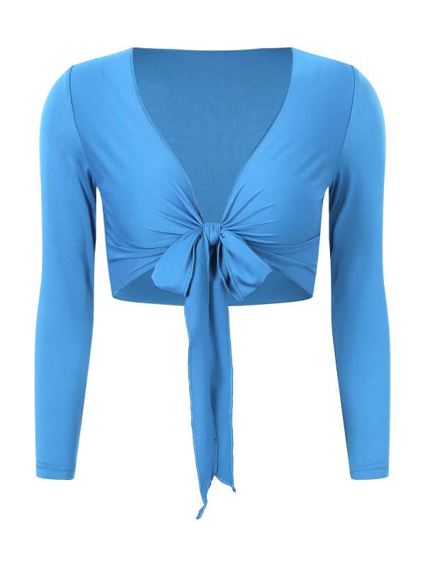 Women Yoga Ballet Dance Solid Self-Tie Long Sleeve Cropped Cardigan thumb