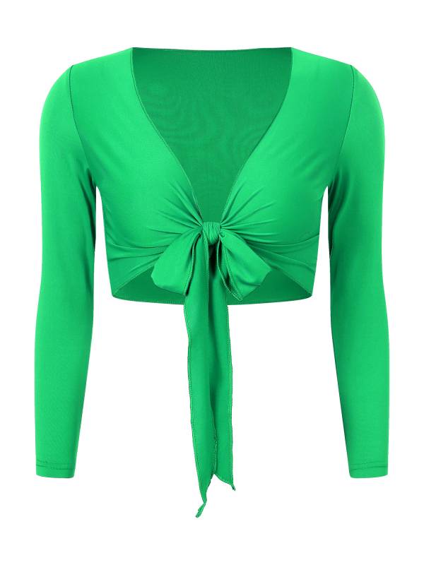 Women Yoga Ballet Dance Solid Self-Tie Long Sleeve Cropped Cardigan thumb
