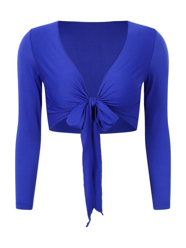 Women Yoga Ballet Dance Solid Self-Tie Long Sleeve Cropped Cardigan thumb