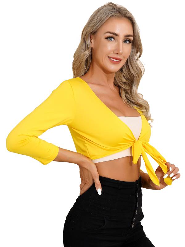 Women Yoga Ballet Dance Solid Self-Tie Long Sleeve Cropped Cardigan thumb