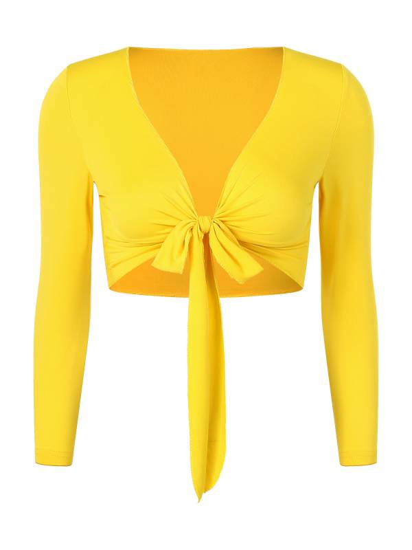 Women Yoga Ballet Dance Solid Self-Tie Long Sleeve Cropped Cardigan thumb