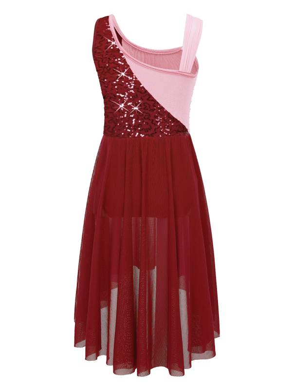 Kids Girls Colorblock Sleeveless Sequins Lyrical Dance Dress thumb