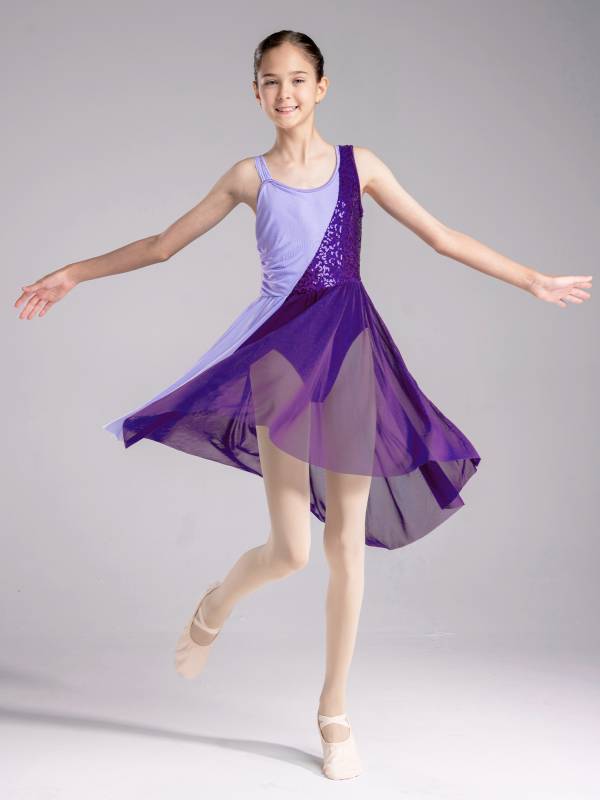 thumbnail image 2 of Iiniim Kids Girls Sleeveless Asymmetrical Praise Dance Overlay Color Block Lyrical Tunic Dress Size 6 16 Lavender 14 2 of 11