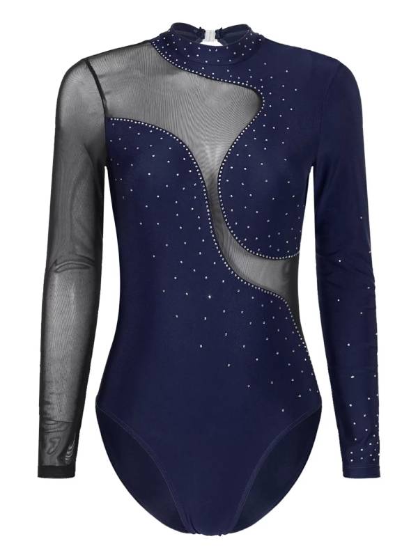 Women Long Sleeve Shiny Rhinestone Gymnastics Leotard thumb