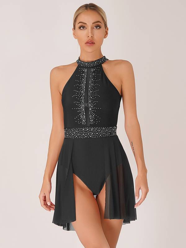 Women Sleeveless Shiny Rhinestone Figure Skating Leotard Dress thumb