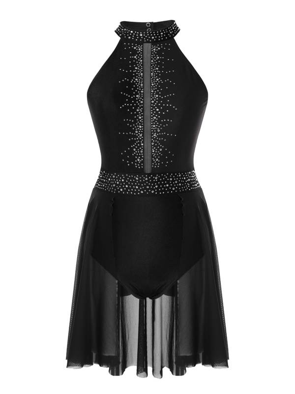 Women Sleeveless Shiny Rhinestone Figure Skating Leotard Dress thumb