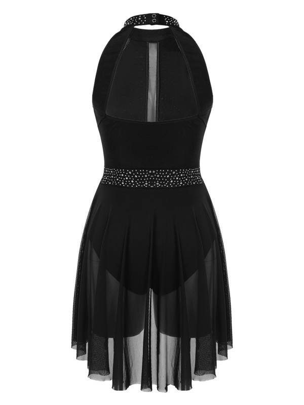 Women Sleeveless Shiny Rhinestone Figure Skating Leotard Dress thumb