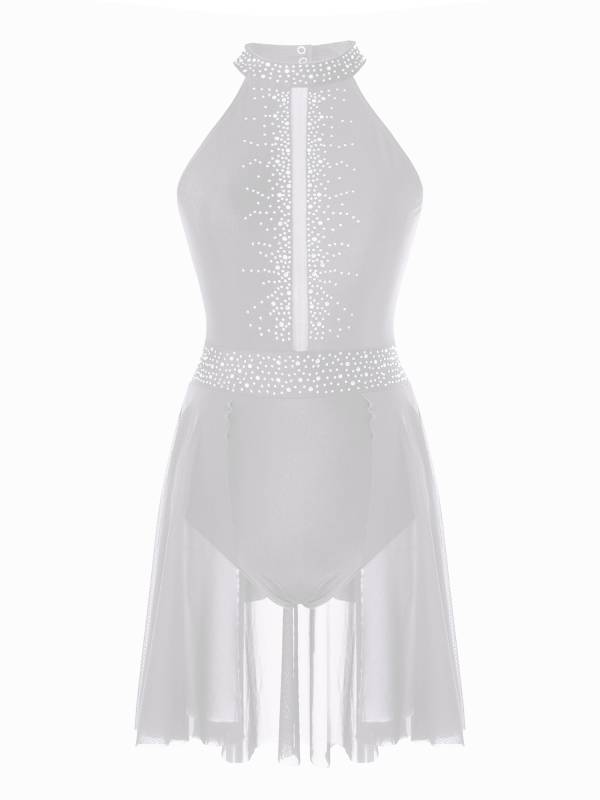 Women Sleeveless Shiny Rhinestone Figure Skating Leotard Dress thumb
