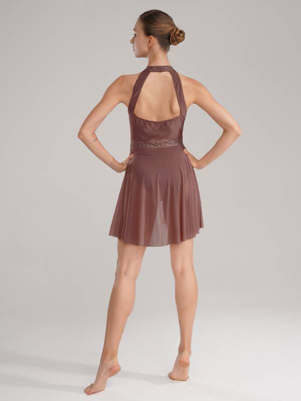 Women Sleeveless Shiny Rhinestone Figure Skating Leotard Dress thumb