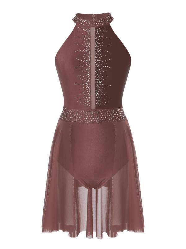 Women Sleeveless Shiny Rhinestone Figure Skating Leotard Dress thumb