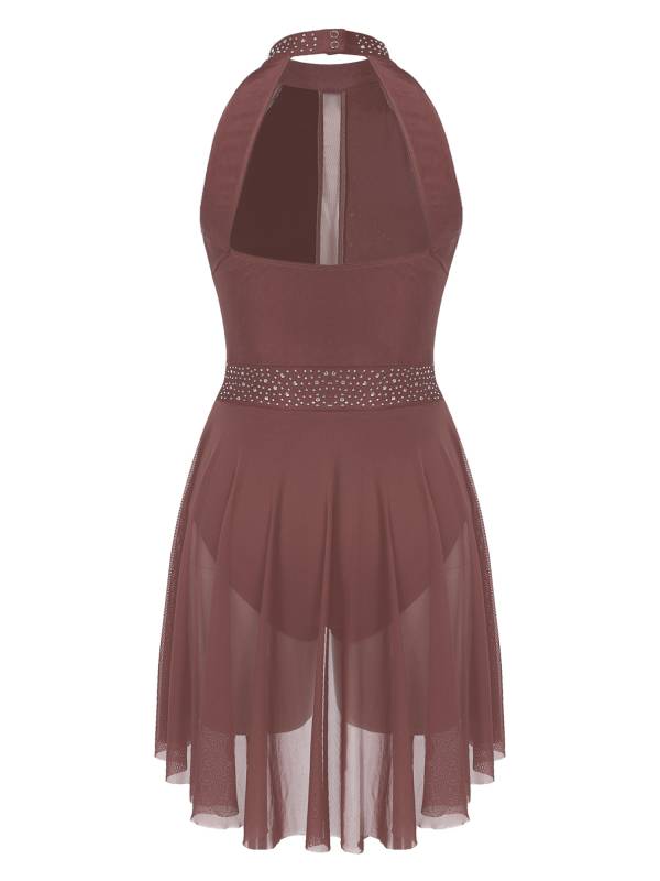 Women Sleeveless Shiny Rhinestone Figure Skating Leotard Dress thumb
