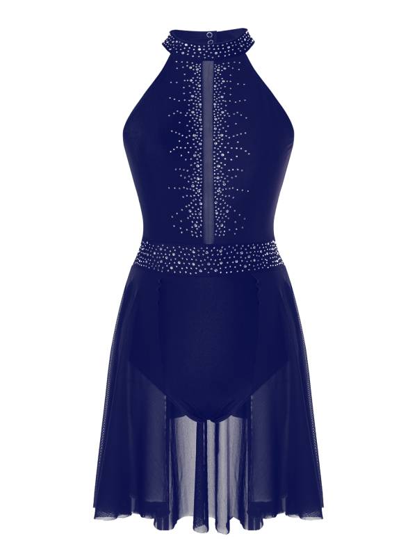 Women Sleeveless Shiny Rhinestone Figure Skating Leotard Dress thumb