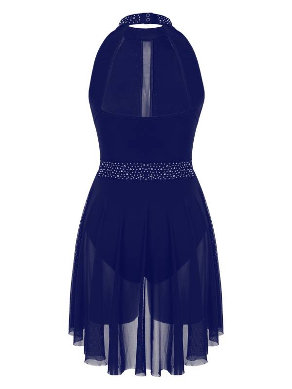 Women Sleeveless Shiny Rhinestone Figure Skating Leotard Dress thumb