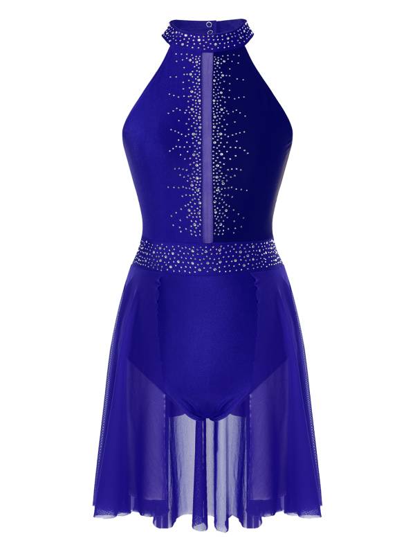 Women Sleeveless Shiny Rhinestone Figure Skating Leotard Dress thumb