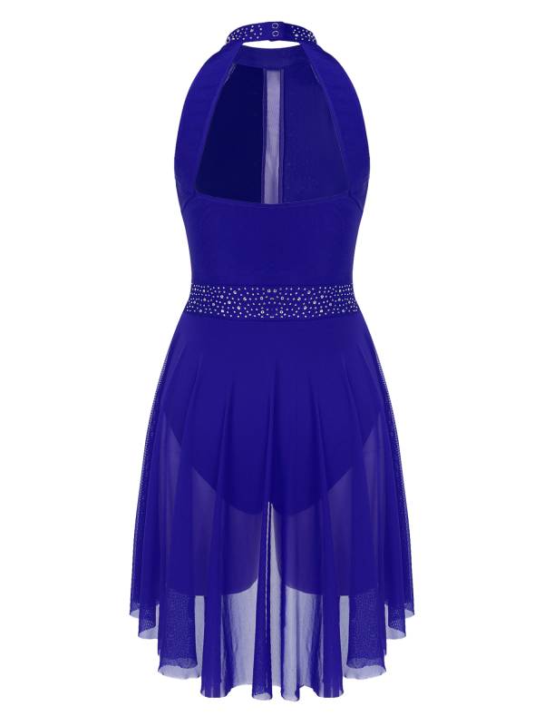 Women Sleeveless Shiny Rhinestone Figure Skating Leotard Dress thumb