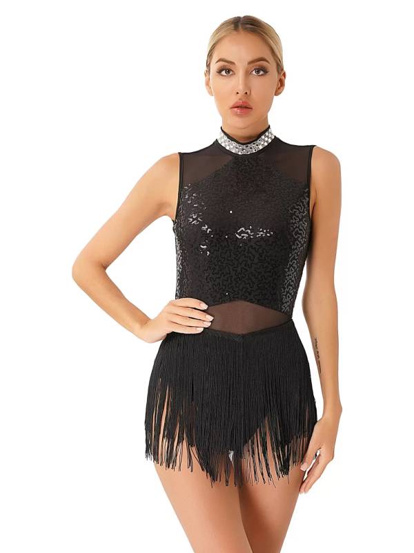 Women Sequined Tassel Latin Dance Leotard Dress thumb
