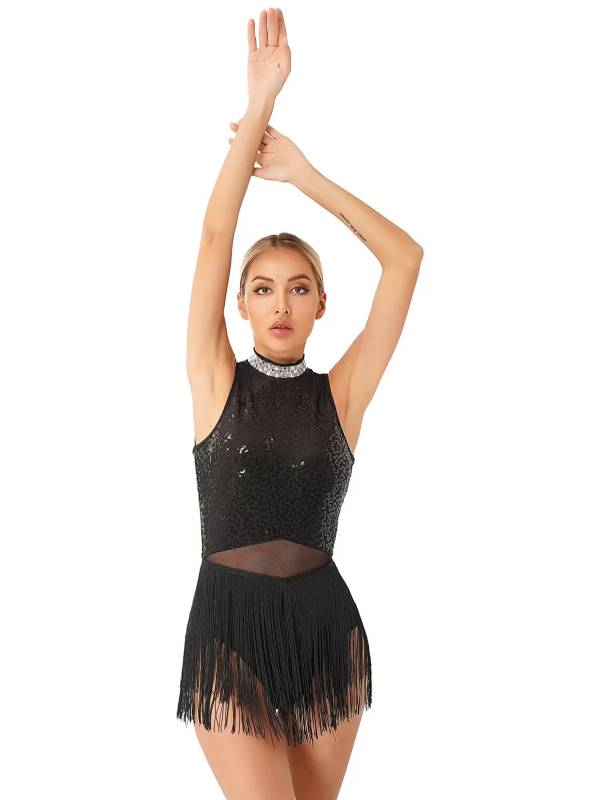 Women Sequined Tassel Latin Dance Leotard Dress thumb