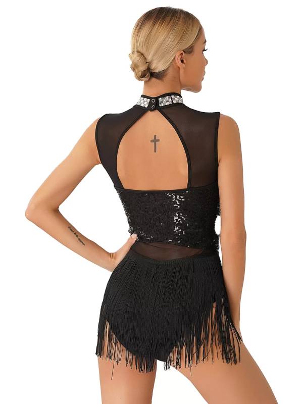 Women Sequined Tassel Latin Dance Leotard Dress thumb