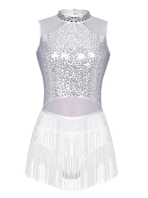 Women Sequined Tassel Latin Dance Leotard Dress thumb
