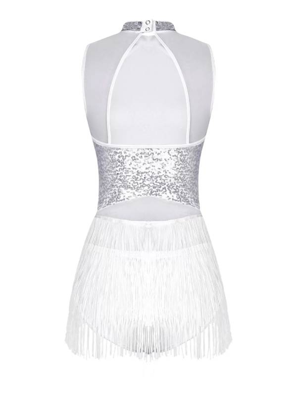 Women Sequined Tassel Latin Dance Leotard Dress thumb