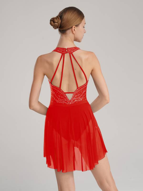 Women Glittery Rhinestone Halter Collar Lyrical Dance Leotard Dress thumb