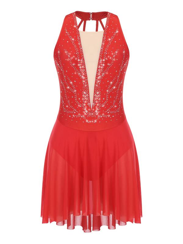 Women Glittery Rhinestone Halter Collar Lyrical Dance Leotard Dress thumb