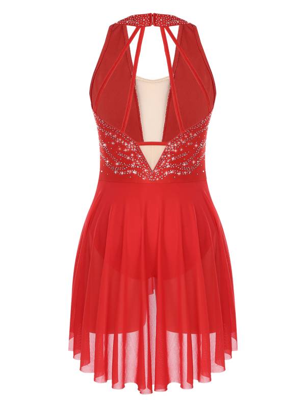 Women Glittery Rhinestone Halter Collar Lyrical Dance Leotard Dress thumb