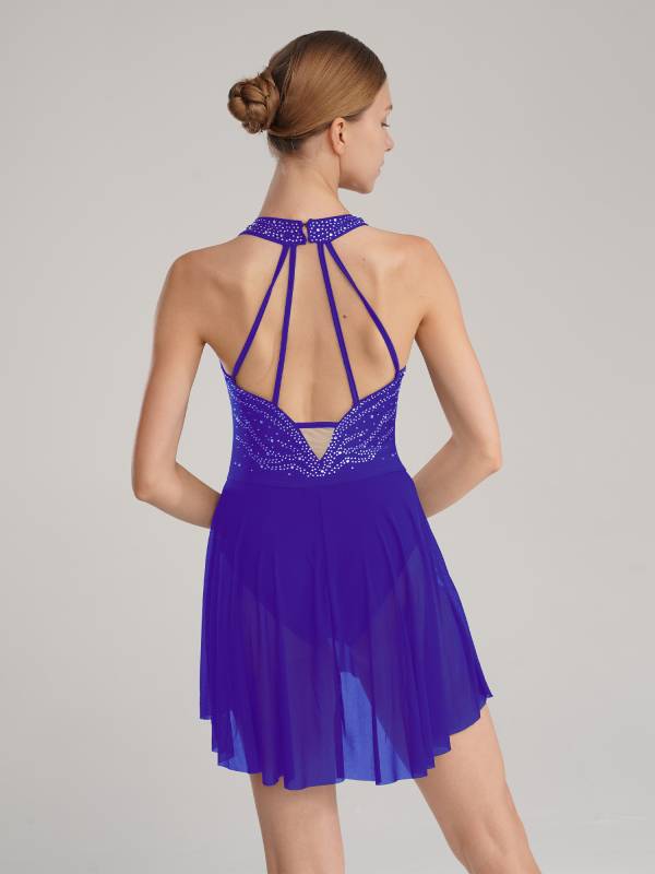 Women Glittery Rhinestone Halter Collar Lyrical Dance Leotard Dress thumb
