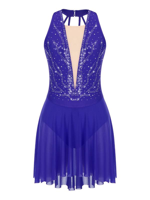 Women Glittery Rhinestone Halter Collar Lyrical Dance Leotard Dress thumb