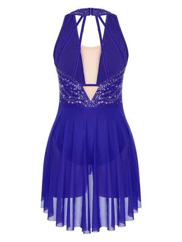 Women Glittery Rhinestone Halter Collar Lyrical Dance Leotard Dress thumb