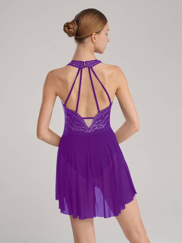 Women Glittery Rhinestone Halter Collar Lyrical Dance Leotard Dress thumb