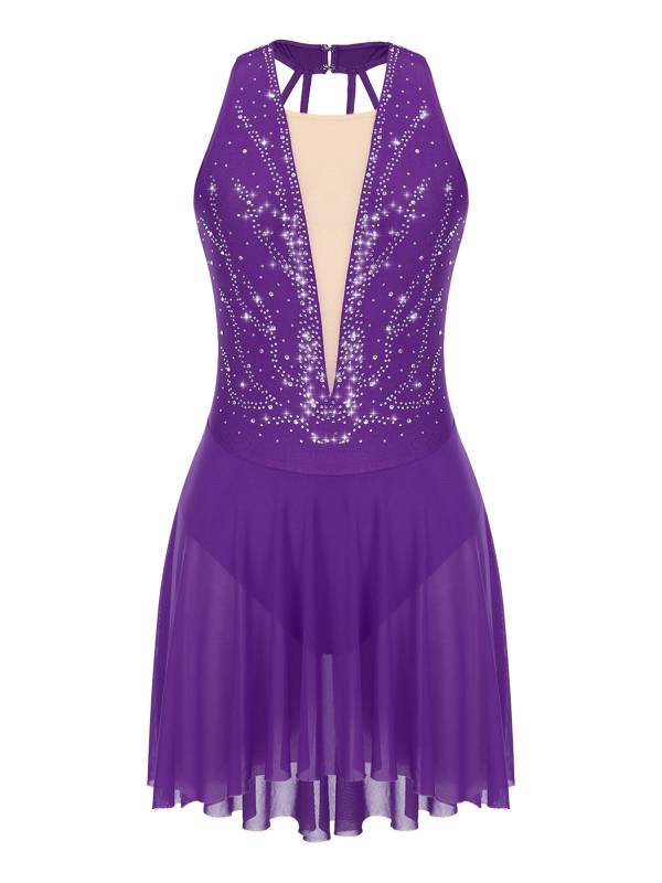 Women Glittery Rhinestone Halter Collar Lyrical Dance Leotard Dress thumb