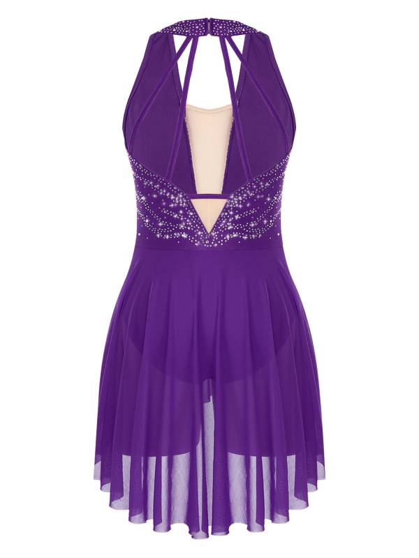 Women Glittery Rhinestone Halter Collar Lyrical Dance Leotard Dress thumb