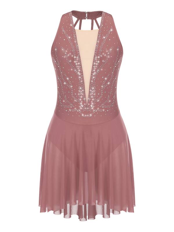 Women Glittery Rhinestone Halter Collar Lyrical Dance Leotard Dress thumb