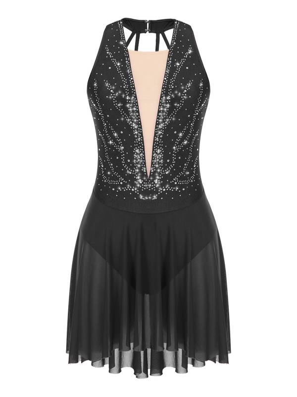 Women Glittery Rhinestone Halter Collar Lyrical Dance Leotard Dress thumb