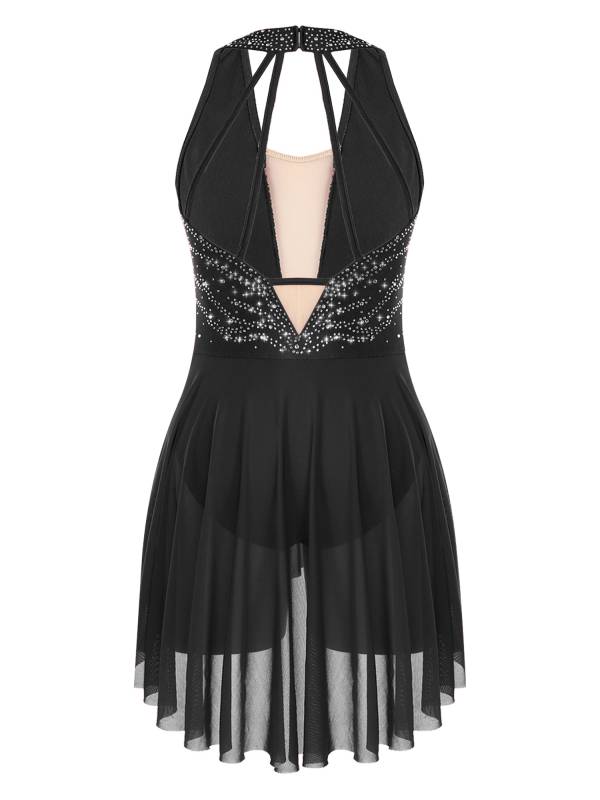 Women Glittery Rhinestone Halter Collar Lyrical Dance Leotard Dress thumb