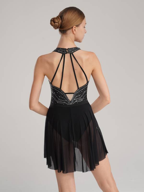 Women Glittery Rhinestone Halter Collar Lyrical Dance Leotard Dress thumb