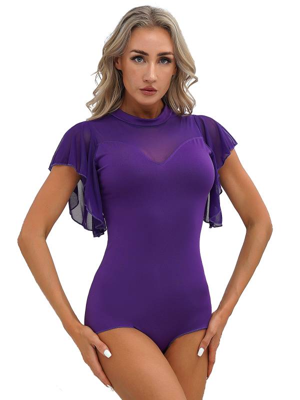 Women Ruffle Short Sleeve Cha-Cha Latin Dance Leotard thumb