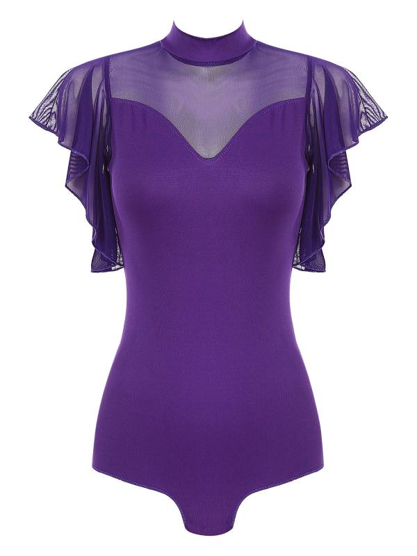 Women Ruffle Short Sleeve Cha-Cha Latin Dance Leotard thumb