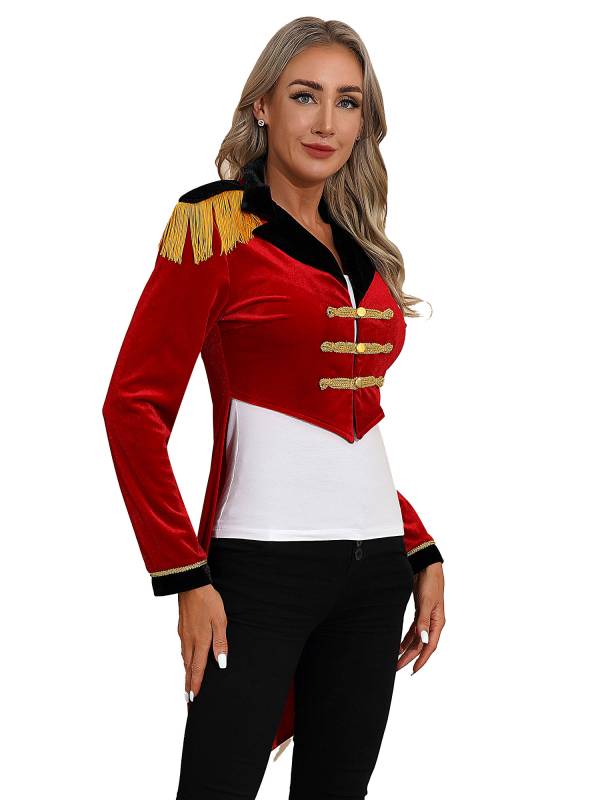 Women Color Block Circus Ringmaster Lapel Long Sleeve Velvet Tailcoat thumb