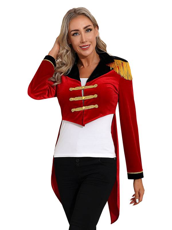 Women Color Block Circus Ringmaster Lapel Long Sleeve Velvet Tailcoat thumb