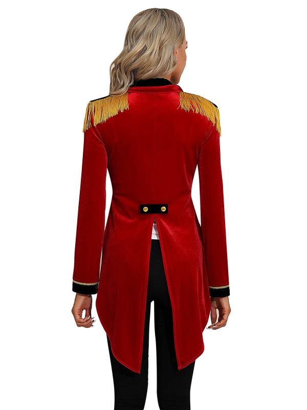 Women Color Block Circus Ringmaster Lapel Long Sleeve Velvet Tailcoat thumb