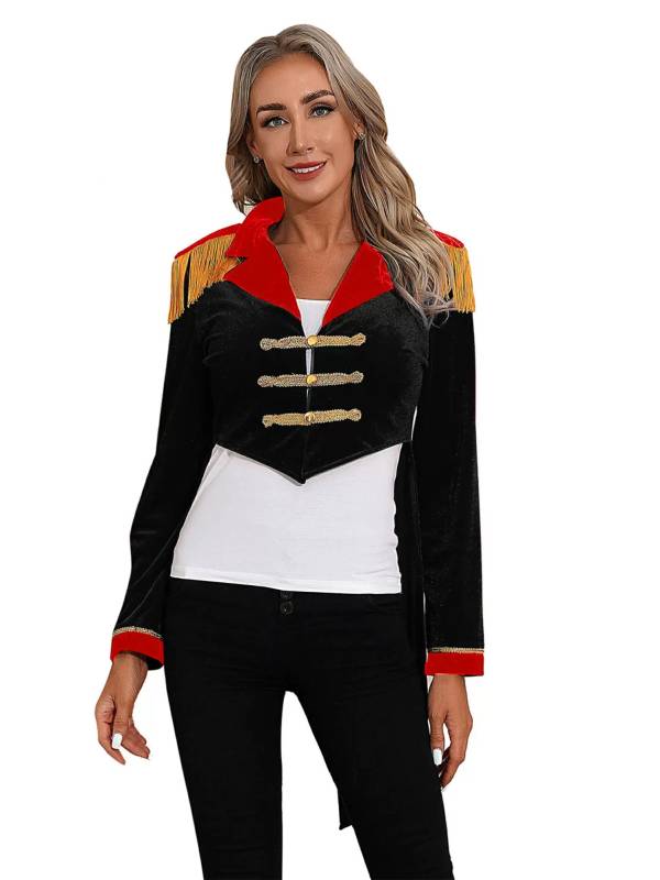 Women Color Block Circus Ringmaster Lapel Long Sleeve Velvet Tailcoat thumb