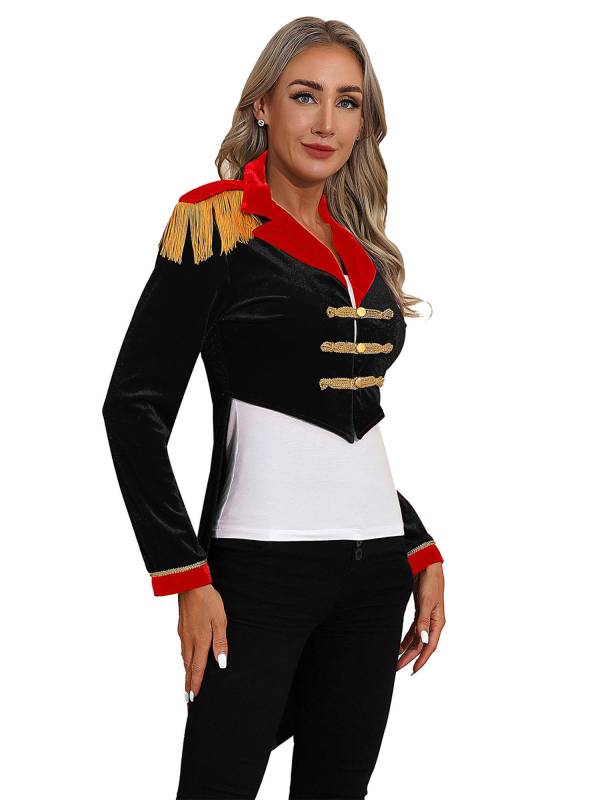 Women Color Block Circus Ringmaster Lapel Long Sleeve Velvet Tailcoat thumb